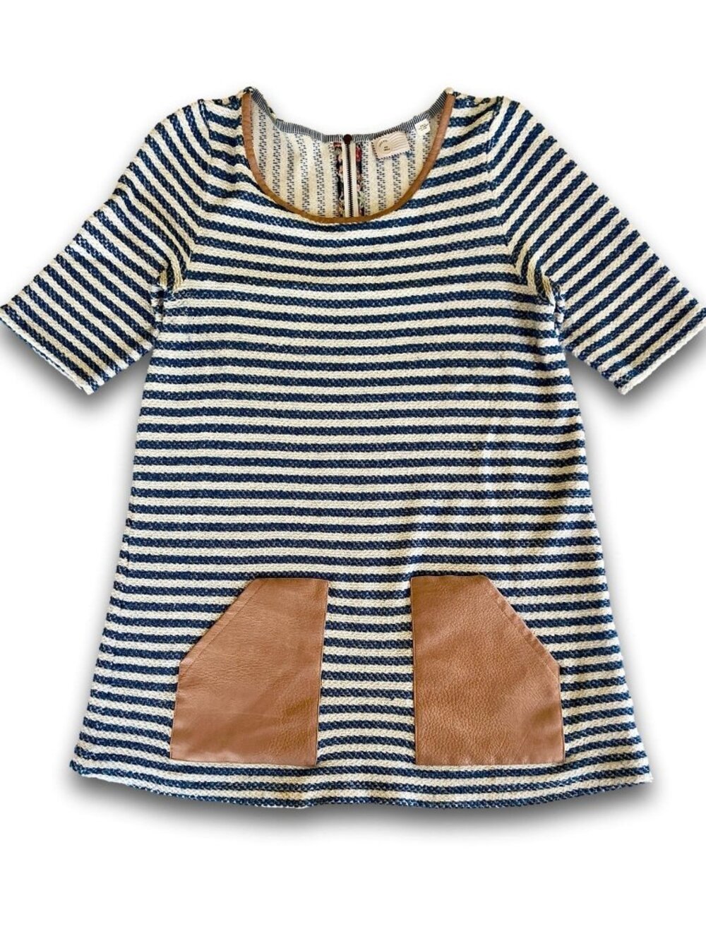 Anthropologie Postmark Sapony Striped Knit Tunic Dress Faux Leather Pockets S